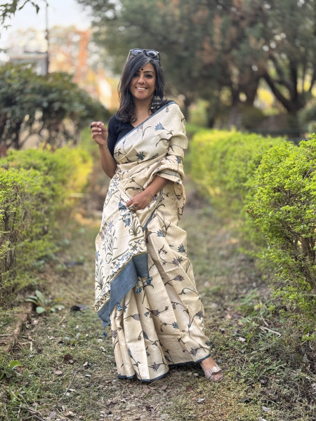 OFF WHITE-GREY BLOCK PRINT TUSSAR SILK SARI