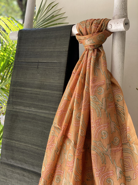 BOTTLE GREEN & MUSTARD TUSSAR SILK KANTHA EMBROIDERED dupatta  SET