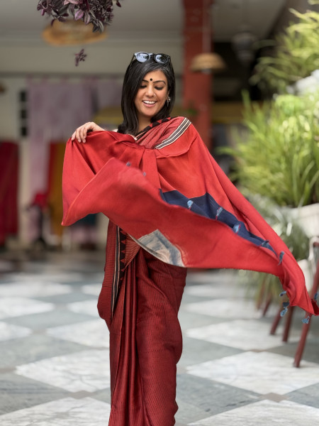 MAROON-INDIGO MODAL SILK AJRAKH BLOCK PRINT SARI