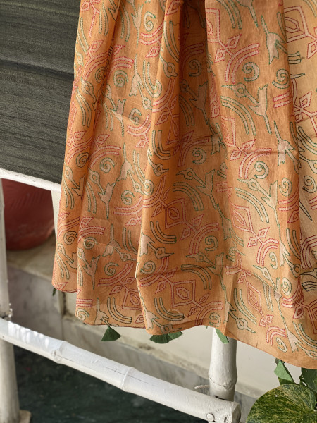 BOTTLE GREEN & MUSTARD TUSSAR SILK KANTHA EMBROIDERED dupatta  SET