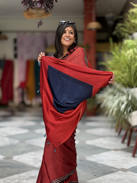 MAROON-INDIGO MODAL SILK AJRAKH BLOCK PRINT SARI