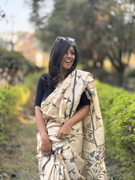 OFF WHITE-GREY BLOCK PRINT TUSSAR SILK SARI