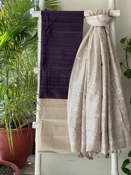 PURPLE & BEIGE TUSSAR SILK KANTHA EMBROIDERED dupatta  SET