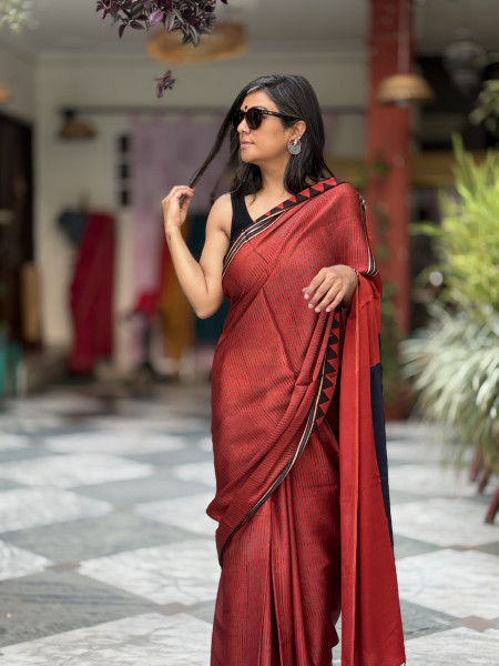 MAROON-INDIGO MODAL SILK AJRAKH BLOCK PRINT SARI