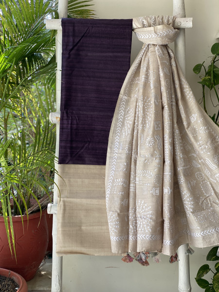 PURPLE & BEIGE TUSSAR SILK KANTHA EMBROIDERED dupatta  SET