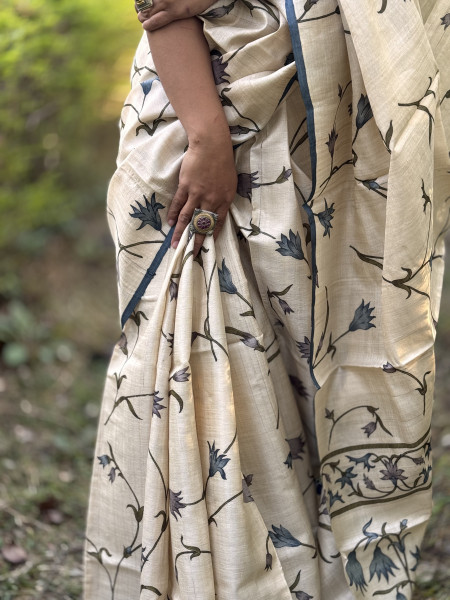OFF WHITE-GREY BLOCK PRINT TUSSAR SILK SARI
