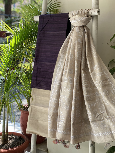 PURPLE & BEIGE TUSSAR SILK KANTHA EMBROIDERED dupatta  SET