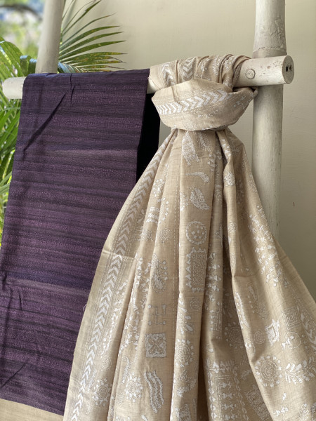 PURPLE & BEIGE TUSSAR SILK KANTHA EMBROIDERED dupatta  SET