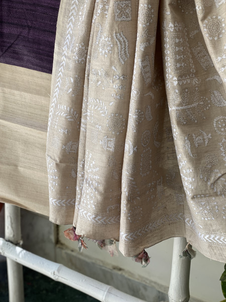 PURPLE & BEIGE TUSSAR SILK KANTHA EMBROIDERED dupatta  SET