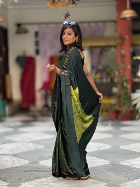 BOTTLE GREEN-YELLOW MODAL SILK AJRAKH BLOCK PRINT SARI