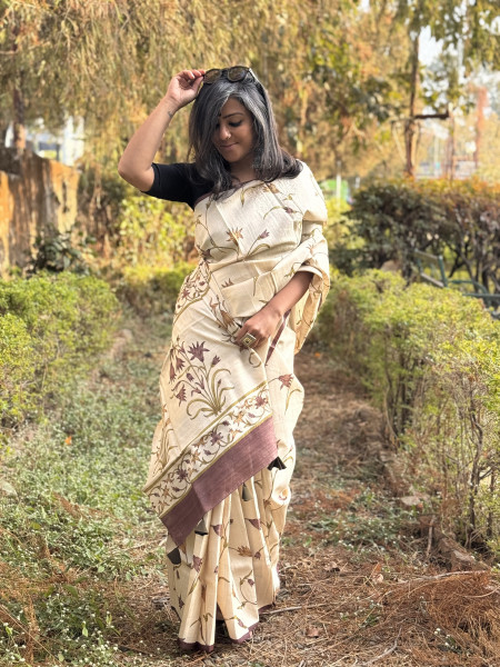 OFF WHITE-BROWN BLOCK PRINT TUSSAR SILK SARI