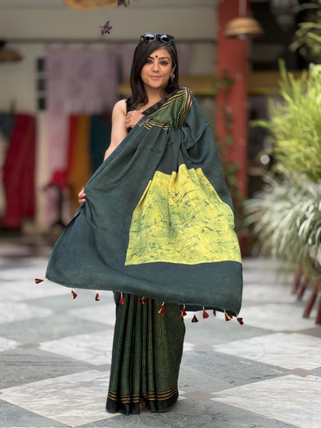 BOTTLE GREEN-YELLOW MODAL SILK AJRAKH BLOCK PRINT SARI