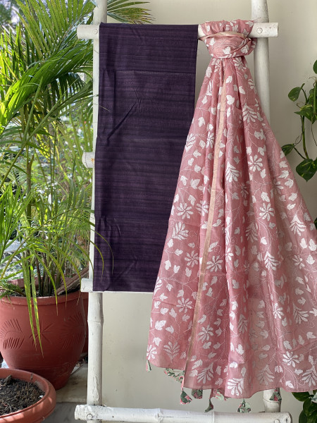 PURPLE & PINK TUSSAR SILK KANTHA EMBROIDERED dupatta  SET