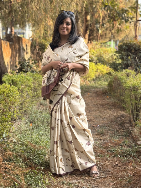 OFF WHITE-BROWN BLOCK PRINT TUSSAR SILK SARI