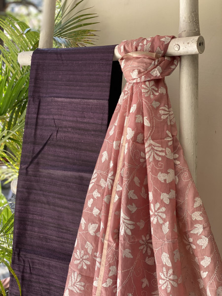 PURPLE & PINK TUSSAR SILK KANTHA EMBROIDERED dupatta  SET