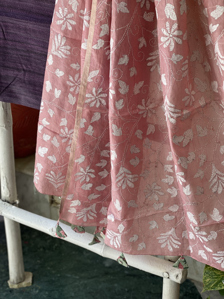 PURPLE & PINK TUSSAR SILK KANTHA EMBROIDERED dupatta  SET