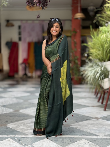 BOTTLE GREEN-YELLOW MODAL SILK AJRAKH BLOCK PRINT SARI