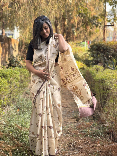 OFF WHITE-BROWN BLOCK PRINT TUSSAR SILK SARI