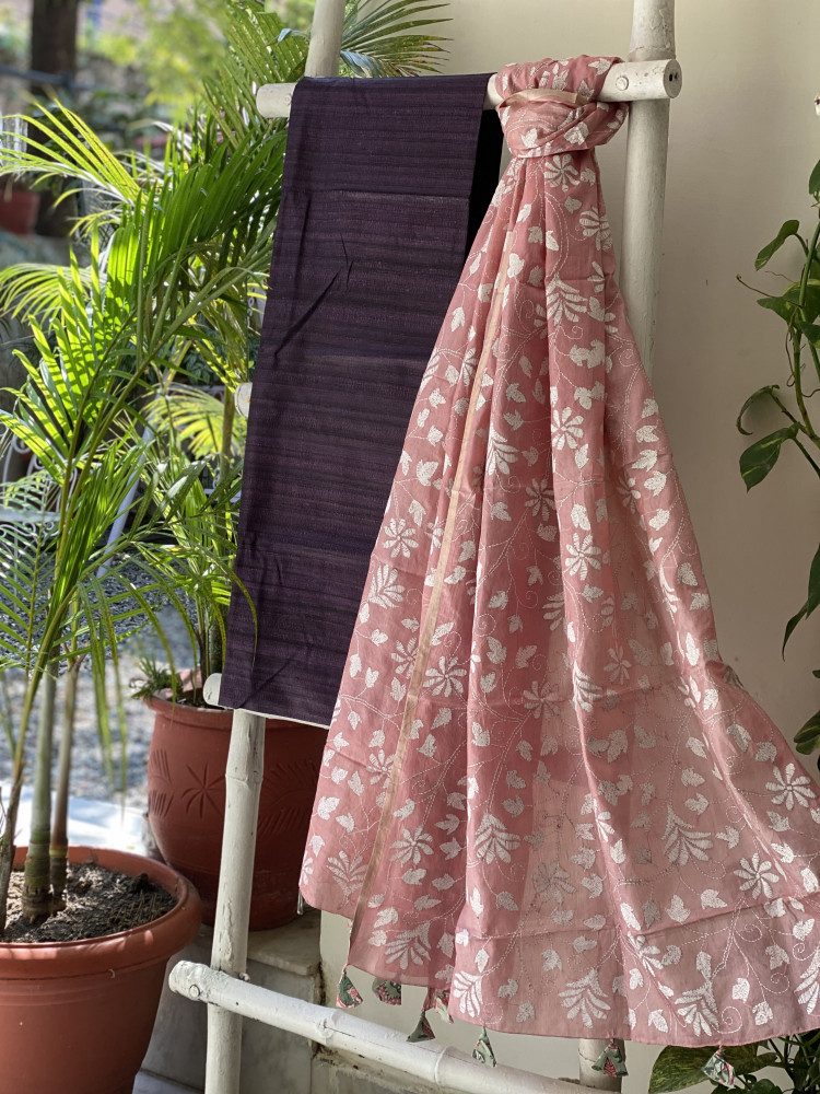 Image of PURPLE &amp; PINK TUSSAR SILK KANTHA EMBROIDERED dupatta  SET