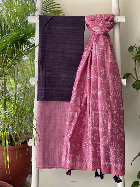 PURPLE & PINK TUSSAR SILK KANTHA EMBROIDERED dupatta  SET