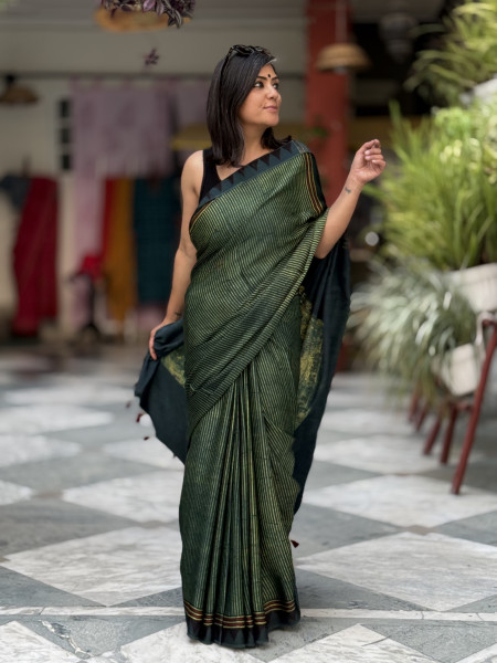BOTTLE GREEN-YELLOW MODAL SILK AJRAKH BLOCK PRINT SARI