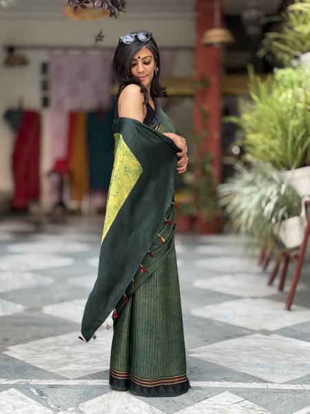 BOTTLE GREEN-YELLOW MODAL SILK AJRAKH BLOCK PRINT SARI