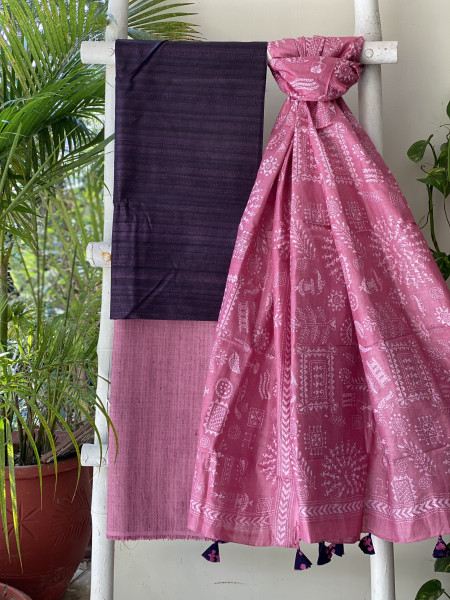 PURPLE & PINK TUSSAR SILK KANTHA EMBROIDERED dupatta  SET