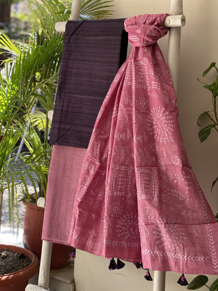 Image of PURPLE &amp; PINK TUSSAR SILK KANTHA EMBROIDERED dupatta  SET
