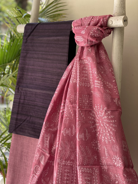 PURPLE & PINK TUSSAR SILK KANTHA EMBROIDERED dupatta  SET