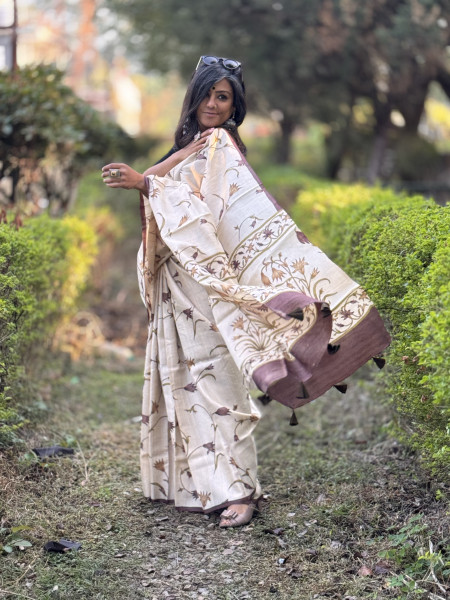 OFF WHITE-BROWN BLOCK PRINT TUSSAR SILK SARI