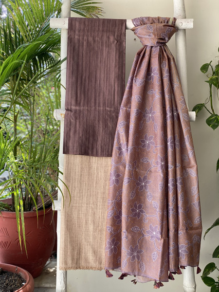 BROWN & FAWN TUSSAR SILK KANTHA EMBROIDERED dupatta  SET