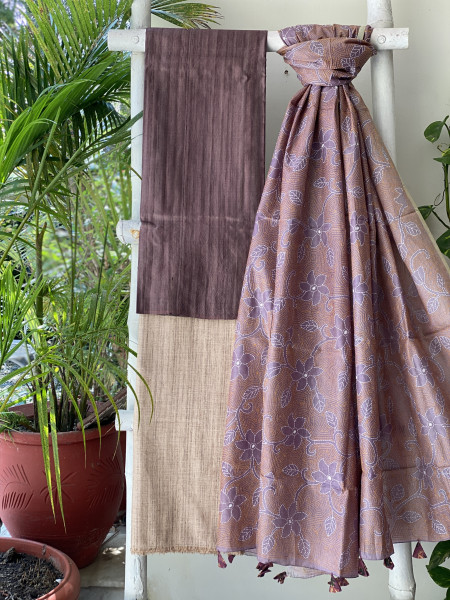 BROWN & FAWN TUSSAR SILK KANTHA EMBROIDERED dupatta  SET