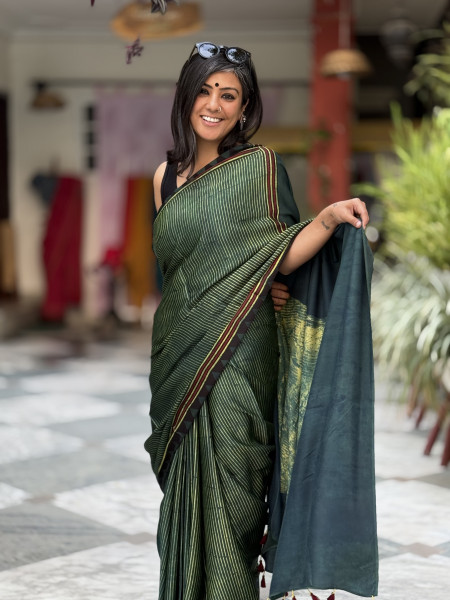 BOTTLE GREEN-YELLOW MODAL SILK AJRAKH BLOCK PRINT SARI