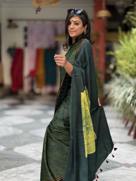 BOTTLE GREEN-YELLOW MODAL SILK AJRAKH BLOCK PRINT SARI