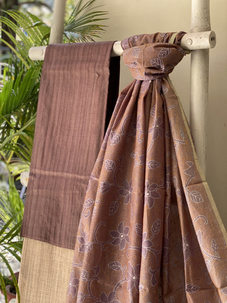 BROWN & FAWN TUSSAR SILK KANTHA EMBROIDERED dupatta  SET