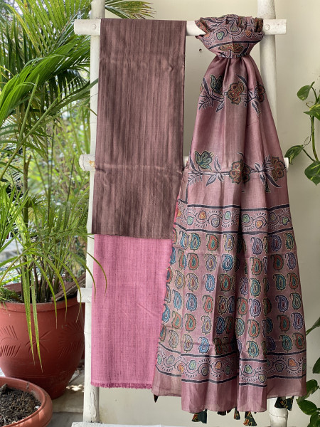BROWN & FAWN TUSSAR SILK KANTHA EMBROIDERED dupatta  SET