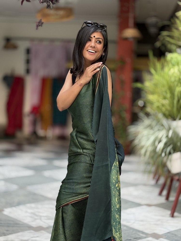 Image of BOTTLE GREEN-YELLOW MODAL SILK AJRAKH BLOCK PRINT SARI