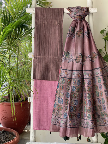 BROWN & FAWN TUSSAR SILK KANTHA EMBROIDERED dupatta  SET