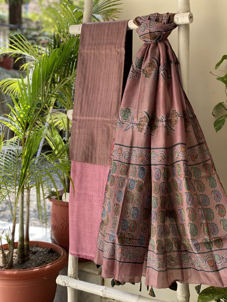 BROWN & FAWN TUSSAR SILK KANTHA EMBROIDERED dupatta  SET
