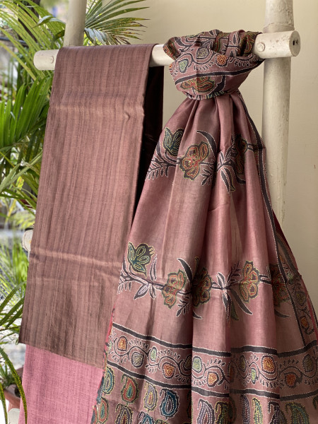 BROWN & FAWN TUSSAR SILK KANTHA EMBROIDERED dupatta  SET