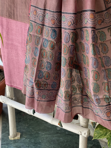 BROWN & FAWN TUSSAR SILK KANTHA EMBROIDERED dupatta  SET