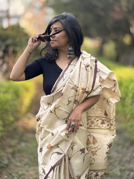 OFF WHITE-BROWN BLOCK PRINT TUSSAR SILK SARI