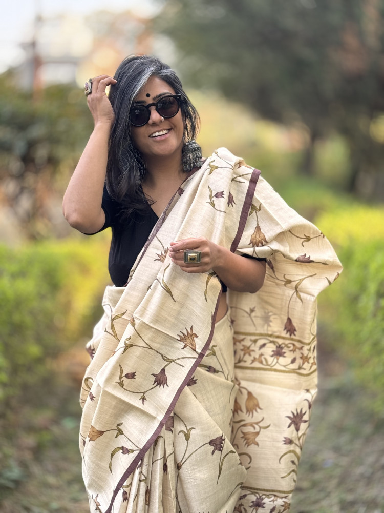 Image of OFF WHITE-BROWN BLOCK PRINT TUSSAR SILK SARI