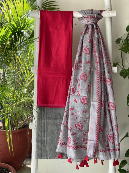 ROSE & GREY TUSSAR SILK KANTHA EMBROIDERED dupatta  SET