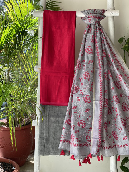 ROSE & GREY TUSSAR SILK KANTHA EMBROIDERED dupatta  SET