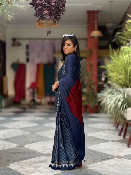 INDIGO-MAROON MODAL SILK AJRAKH BLOCK PRINT SARI