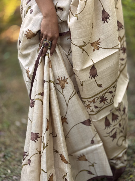 OFF WHITE-BROWN BLOCK PRINT TUSSAR SILK SARI