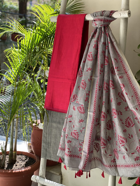 ROSE & GREY TUSSAR SILK KANTHA EMBROIDERED dupatta  SET