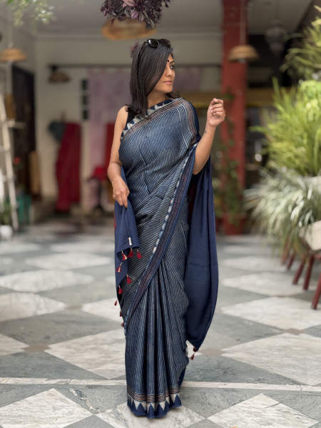 INDIGO-MAROON MODAL SILK AJRAKH BLOCK PRINT SARI