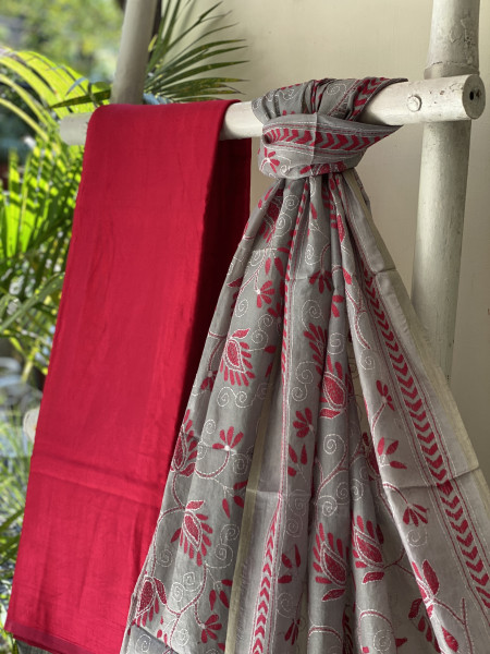 ROSE & GREY TUSSAR SILK KANTHA EMBROIDERED dupatta  SET